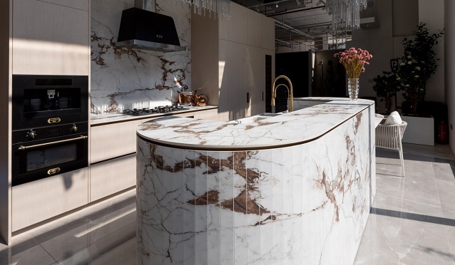 kitchen countertop and floor decorated with porcelain slabs